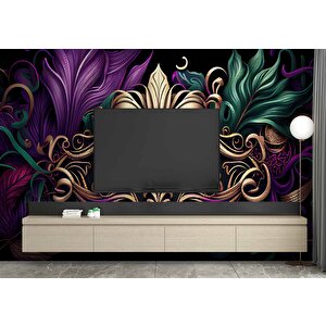 3 Boyutlu Mor Yeşil Altın Desenli Duvar Kağıdı - Dkm785074 375x280 cm