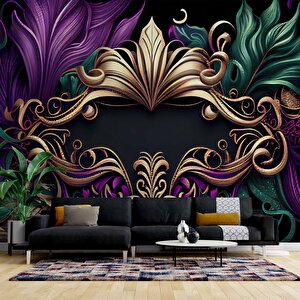 3 Boyutlu Mor Yeşil Altın Desenli Duvar Kağıdı - Dkm785095 375x300 cm