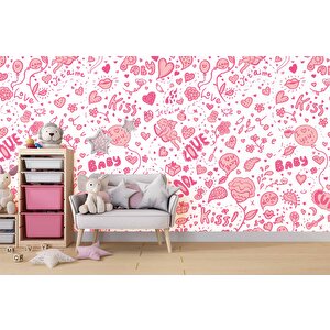 Pembe Kalp Desenli Duvar Kağıdı Baskı - Dkm359111