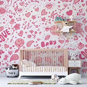 Pembe Kalp Desenli Duvar Kağıdı Baskı - Dkm359063 800x260 cm