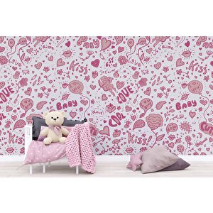 Pembe Kalp Desenli Duvar Kağıdı Baskı - Dkm359063