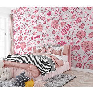 Pembe Kalp Desenli Duvar Kağıdı Baskı - Dkm359052 350x260 cm