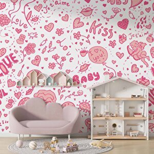 Pembe Kalp Desenli Duvar Kağıdı Baskı - Dkm359003 150x200 cm