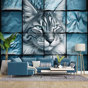 Turkuaz Kedi Temalı Duvar Kağıdı Baskı - Dkm112074 375x280 cm