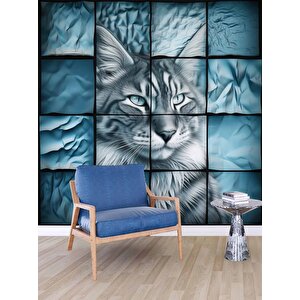 Turkuaz Kedi Temalı Duvar Kağıdı Baskı - Dkm112074