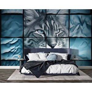 Turkuaz Kedi Temalı Duvar Kağıdı Baskı - Dkm112037 500x240 cm