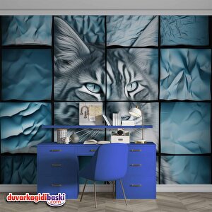 Turkuaz Kedi Temalı Duvar Kağıdı Baskı - Dkm112043 900x240 cm