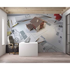 Mimari Ev Proje Çizimi Gayrimenkul Emlak Ve Gayrimenkul Duvar Kağıdı Baskı - Dkm331067 200x280 cm