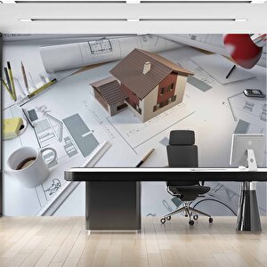 Mimari Ev Proje Çizimi Gayrimenkul Emlak Ve Gayrimenkul Duvar Kağıdı Baskı - Dkm331104 700x300 cm