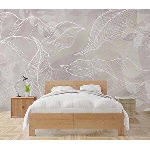 Gri Zemin Beyaz Yaprak Çizim Desenli Duvar Kağıdı - Dkm910090 250x300 cm
