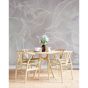 Gri Zemin Beyaz Yaprak Çizim Desenli Duvar Kağıdı - Dkm910090