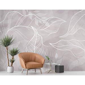 Gri Zemin Beyaz Yaprak Çizim Desenli Duvar Kağıdı - Dkm910090