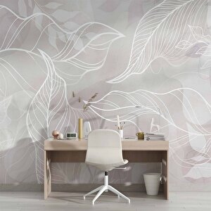 Gri Zemin Beyaz Yaprak Çizim Desenli Duvar Kağıdı - Dkm910002