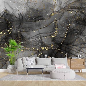 Siyah Zemin Ve Altın Damlacıklı Mermer Temalı Duvar Kağıdı - Dkm681014 450x200 cm