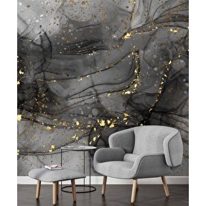 Siyah Zemin Ve Altın Damlacıklı Mermer Temalı Duvar Kağıdı - Dkm681126
