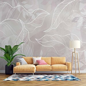 Gri Zemin Beyaz Yaprak Çizim Desenli Duvar Kağıdı - Dkm910103 600x300 cm