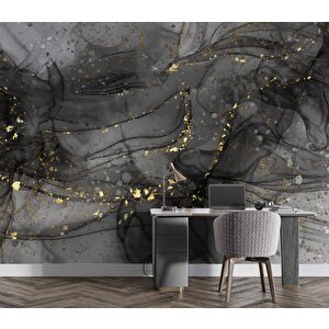 Siyah Zemin Ve Altın Damlacıklı Mermer Temalı Duvar Kağıdı - Dkm681122