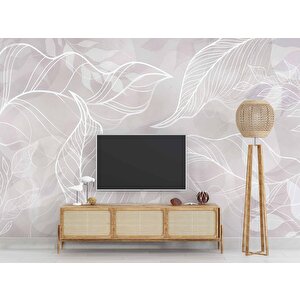 Gri Zemin Beyaz Yaprak Çizim Desenli Duvar Kağıdı - Dkm910111 250x315 cm