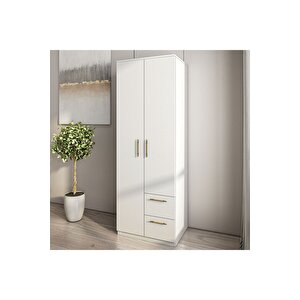 Merlin 2 Kapaklı, Çekmeceli Gardırop, Yatak Odası Dolap, Elbise Dolabı Beyaz Beyaz