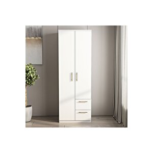 Merlin 2 Kapaklı, Çekmeceli Gardırop, Yatak Odası Dolap, Elbise Dolabı Beyaz Beyaz