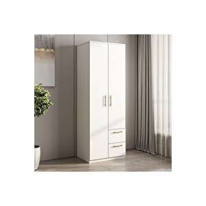 Merlin 2 Kapaklı, Çekmeceli Gardırop, Yatak Odası Dolap, Elbise Dolabı Beyaz