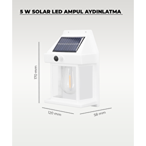 Beyaz 5w Solar / Güneş Enerjili Led Ampullü Duvar Fener Aplik 3200k - Sarı Işık