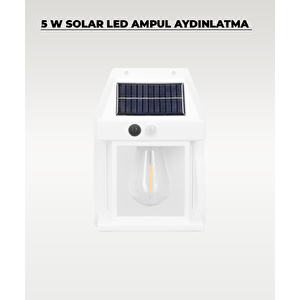 Beyaz 5w Solar / Güneş Enerjili Led Ampullü Duvar Fener Aplik 3200k - Sarı Işık