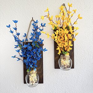 Led Işıklı, Sarı Ve Mavi Sakura Çiçekli Duvar Dekoru Ceviz İkili Set