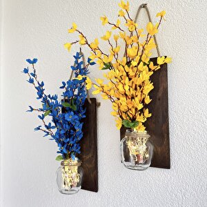 Led Işıklı, Sarı Ve Mavi Sakura Çiçekli Duvar Dekoru Ceviz İkili Set
