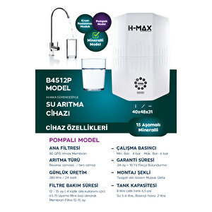 12 Litre Pompalı 15 Aşama Multi Mineralli 80 Gpd Su Arıtma Cihazı Hmaxs4512p