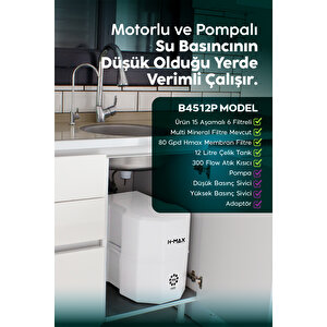12 Litre Pompalı 15 Aşama Multi Mineralli 80 Gpd Su Arıtma Cihazı Hmaxs4512p