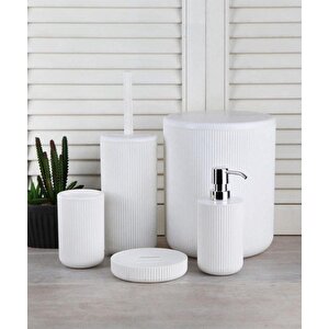 5 Parça Banyo Seti Çöp Kovası Tuvalet Fırçası Diş Fırçalık Katı Sabunluk Sıvı Sabunluk, Beyaz Beyaz