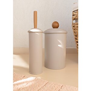 Stripe Çöp Kovası Tuvalet Fırçası Banyo Seti Bej