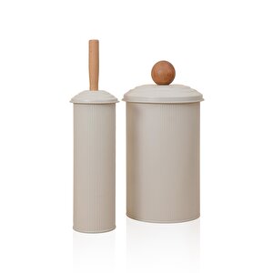 Stripe Çöp Kovası Tuvalet Fırçası Banyo Seti Bej