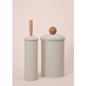 The Mia Stripe Çöp Kovası & Tuvalet Fırçası Banyo Seti Bej