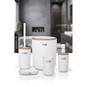 Linea Due Beyaz Çizgili Yuvarlak 5'li Banyo Seti