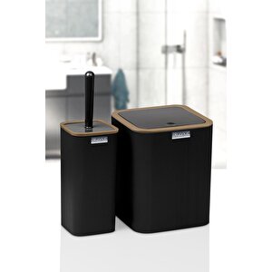 Mina Due Siyah Çizgili Kare 2'li Wc Kova Ve Fırça Seti