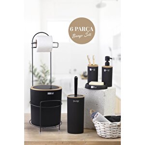 Siyah Yuvarlak Mina Due Standlı Wc Kağıtlık Ve 6 Parça Banyo Seti
