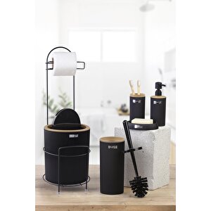 Siyah Yuvarlak Mina Due Standlı Wc Kağıtlık Ve 6 Parça Banyo Seti