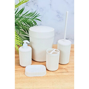 Şık 5 Parça  Banyo Seti - Sabunluk, Sıvı Sabunluk, Çöp Kovası, Tuvalet Fırçası Ve Diş Fırçalık