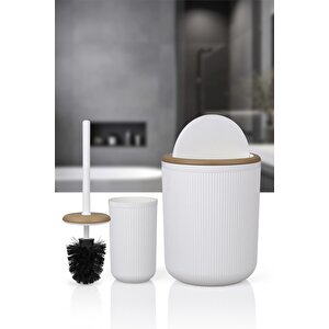 Mina Due Beyaz Çizgili Yuvarlak 2'li Wc Kova Ve Fırça Seti