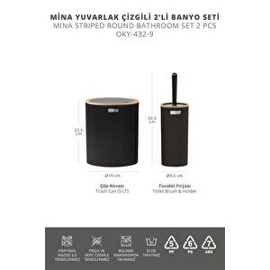 Okyanus Home Mina Due Siyah Çizgili Yuvarlak 2'li Wc Kova Ve Fırça Seti
