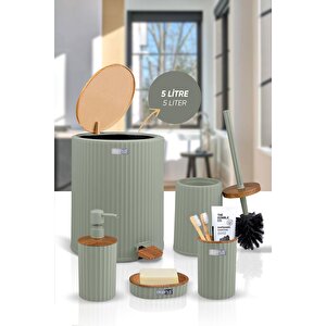Okyanus Home Coliseum Yeşil Ahşap Desenli Kovalı Pedallı 5'li Banyo Seti