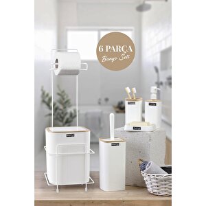 Beyaz Kare Mina Due Standlı Wc Kağıtlık Ve 6 Parça Banyo Seti