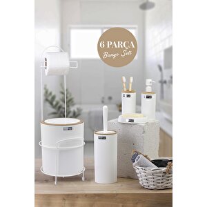 Beyaz Yuvarlak Mina Due Standlı Wc Kağıtlık Ve 6 Parça Banyo Seti