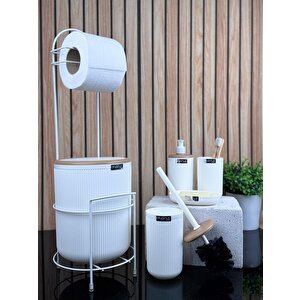 Beyaz Yuvarlak Mina Due Standlı Wc Kağıtlık Ve 6 Parça Banyo Seti