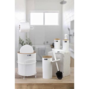 Beyaz Yuvarlak Mina Due Standlı Wc Kağıtlık Ve 6 Parça Banyo Seti