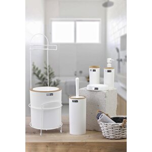 Beyaz Yuvarlak Mina Due Standlı Wc Kağıtlık Ve 6 Parça Banyo Seti