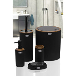 Siyah Ahşap Desenli Çizgili Yuvarlak 5'li Banyo Seti - Sabunluk, Sıvı Sabunluk, Çöp Kovası, Tuvalet Fırçası Ve Diş Fırçalık