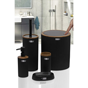 Siyah Ahşap Desenli Çizgili Yuvarlak 5'li Banyo Seti - Sabunluk, Sıvı Sabunluk, Çöp Kovası, Tuvalet Fırçası Ve Diş Fırçalık